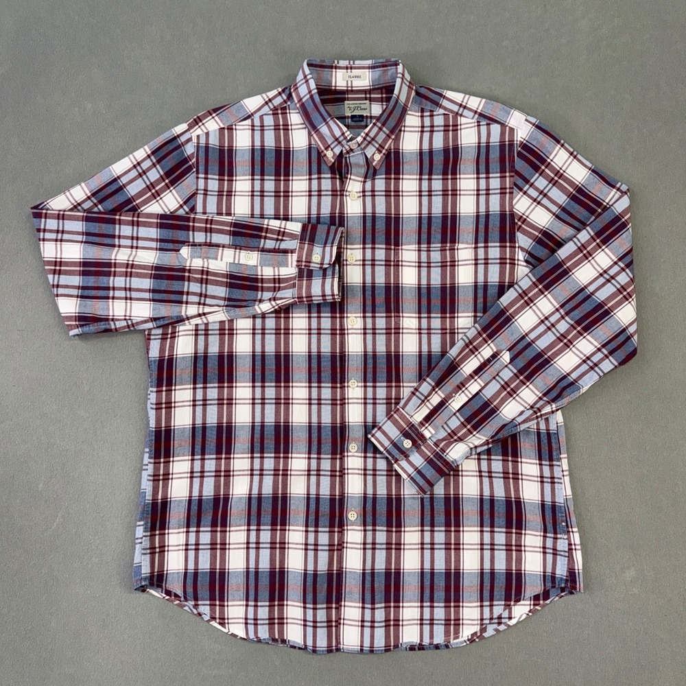 J.Crew Mens Classic Fit Plaid Button Down Shirt Large Burgundy Blue White Cotton